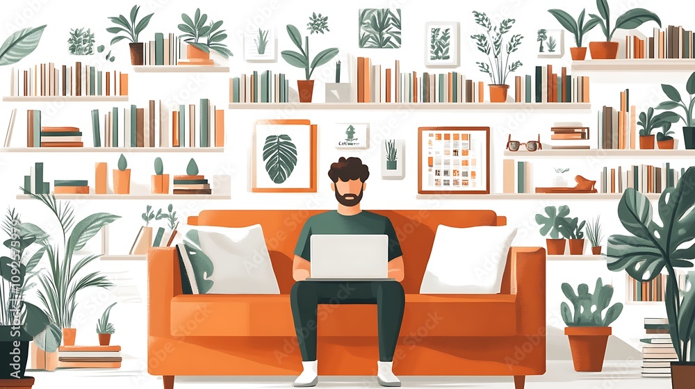 Working from home cozy living room workspace with plants Working from home cozy living room workspace with plants
