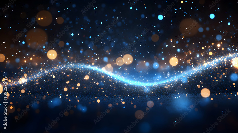 Fototapeta premium Abstract Blue and Gold Glitter Wave with Bokeh Lights 3D Render for Background Design