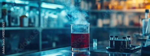 A glass with a smoky red drink, set in a laboratory-like environment.