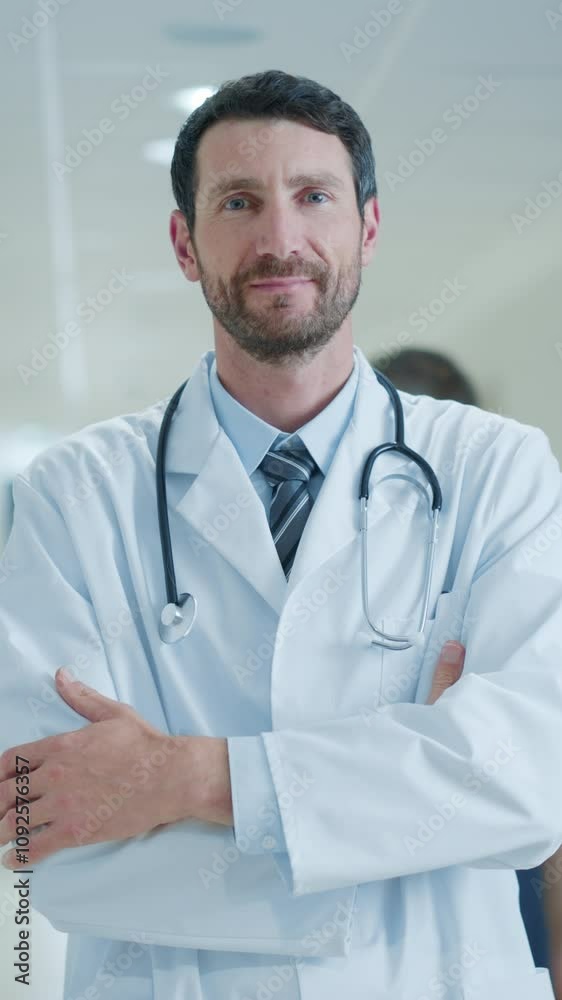 Vertical Screen: Portrait of an Adult Male Physician with a Friendly Smile Looking at Camera, Standing with Arms Crossed Comfortably, Captured in a Bright Hallway in a Medical Center or Hospital
