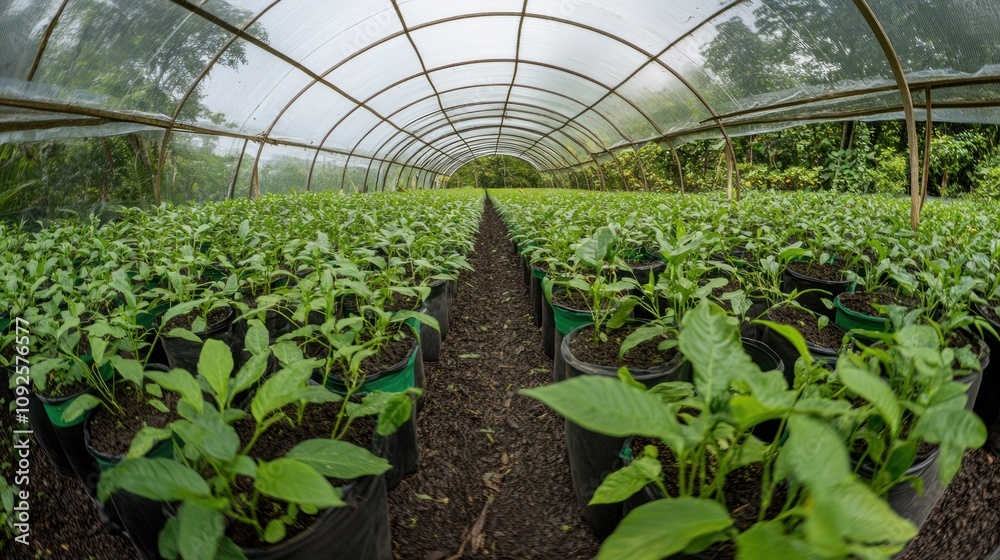 A greenhouse filled with rows of young plants growing in pots. A greenhouse filled with rows of young plants growing in pots.