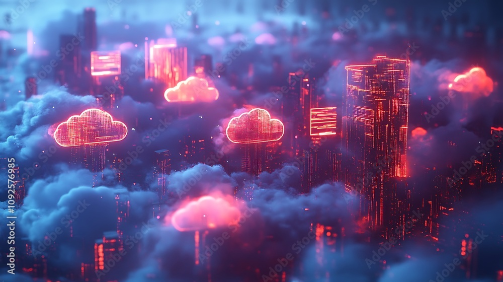 Obraz premium Cloud computing landscape futuristic city digital art night aerial view