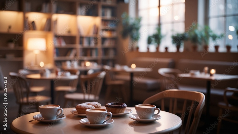 A cozy cafe in the early morning, with coffee cups and pastries are arranged on tables. A cozy cafe in the early morning, with coffee cups and pastries are arranged on tables.