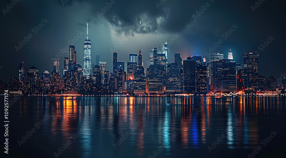 Fototapeta premium A city skyline during the night.