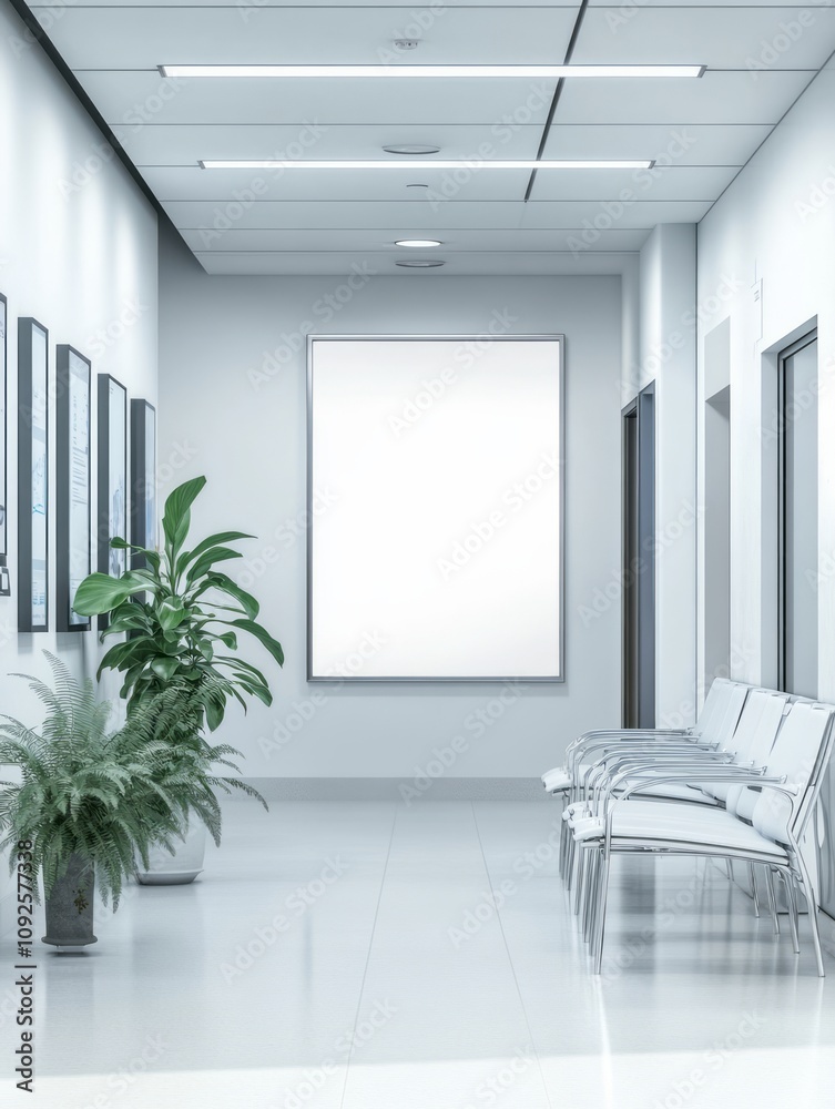Modern Office Corridor With Blank Sign And Seating Modern Office Corridor With Blank Sign And Seating