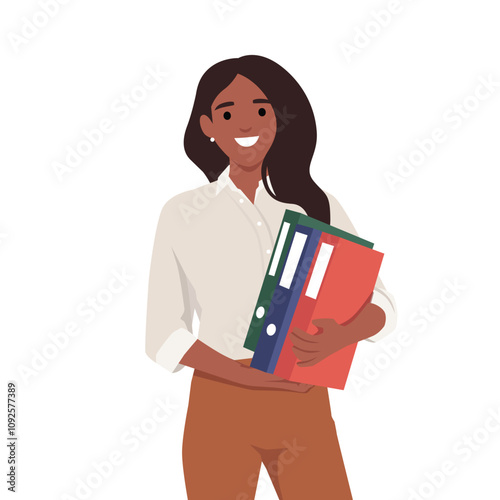 Young casual business woman holding documents. Flat vector illustration isolated on white background