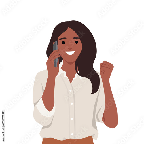 Young woman talking on phone celebrating work success, succeed in career raising hand. Flat vector illustration isolated on white background