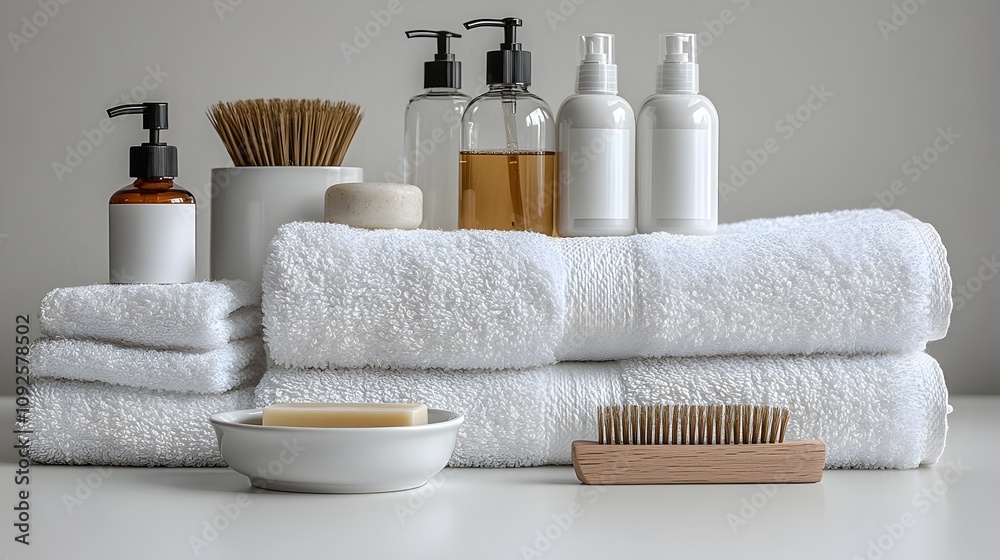 Arrangement of various bathroom essentials including towels,cosmetics,and grooming products in a minimalist,neutral-toned setting. Peaceful,clean,and serene lifestyle concept. Arrangement of various bathroom essentials including towels,cosmetics,and grooming products in a minimalist,neutral-toned setting. Peaceful,clean,and serene lifestyle concept.