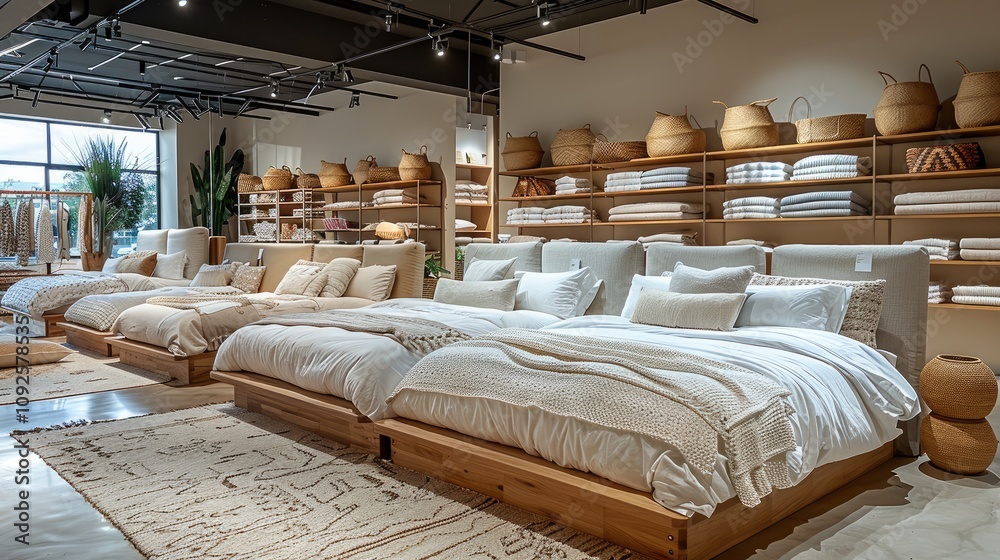 Multiple Bed Layout Large commercial bed section in a furniture store, featuring multiple ...
