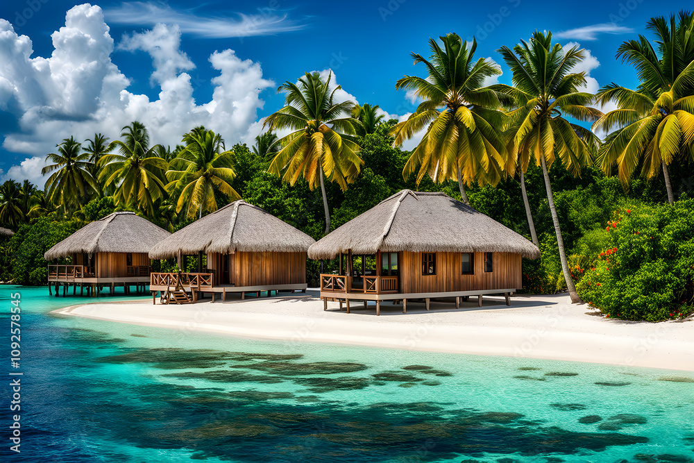 Beautiful tropical Maldives beach. A beautiful sandy beach with palm trees and luxurious houses above the sea level. Sunny tropical beach. Beautiful luxury Maldives tropical island beach resort Beautiful tropical Maldives beach. A beautiful sandy beach with palm trees and luxurious houses above the sea level. Sunny tropical beach. Beautiful luxury Maldives tropical island beach resort