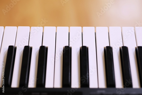 Old piano keys. close up view.effect back and white color, musical instrument background concept