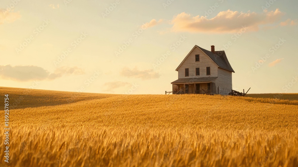 Harvesting serenity rustic farm house in golden wheat fields nature evening light tranquil landscape