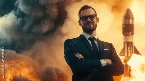 A confident man in a suit stands before a rocket launch, symbolizing innovation and ambition. photo