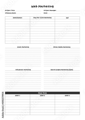 Marketing Planning Page Planner Sheets for Efficiently Organizing, Tracking, and Managing Marketing Activities, Campaigns, Strategies, Goals, and Performance Across Multiple Channels and Platforms Pag
