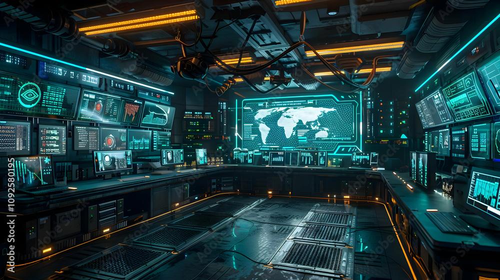 Futuristic Control Room Displays Global Data Network, High-Tech 3D Render of a Sci-Fi Command Center with Immersive Screens Showing Network Activity and World Map.