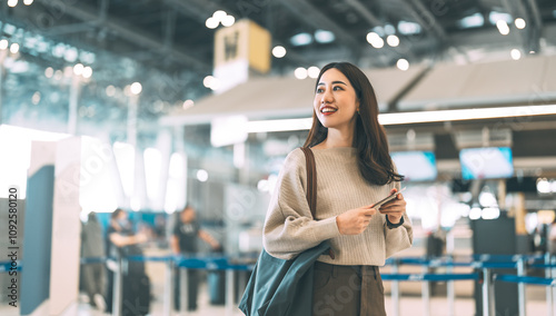 Canvas Print Woman passenger holding passport and boarding pass to transit at international a
