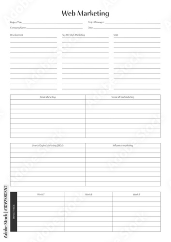 Marketing Planning Page Planner Sheets for Efficiently Organizing, Tracking, and Managing Marketing Activities, Campaigns, Strategies, Goals, and Performance Across Multiple Channels and Platforms Pag