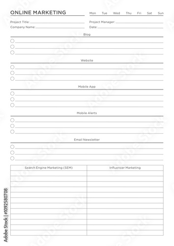Marketing Planning Page Planner Sheets for Efficiently Organizing, Tracking, and Managing Marketing Activities, Campaigns, Strategies, Goals, and Performance Across Multiple Channels and Platforms Pag