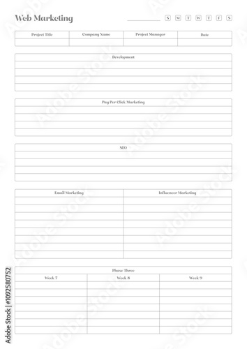 Marketing Planning Page Planner Sheets for Efficiently Organizing, Tracking, and Managing Marketing Activities, Campaigns, Strategies, Goals, and Performance Across Multiple Channels and Platforms Pag