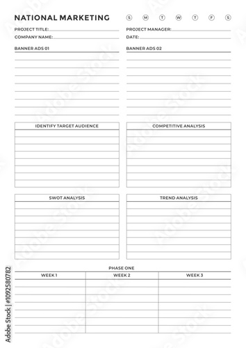 Marketing Planning Page Planner Sheets for Efficiently Organizing, Tracking, and Managing Marketing Activities, Campaigns, Strategies, Goals, and Performance Across Multiple Channels and Platforms Pag