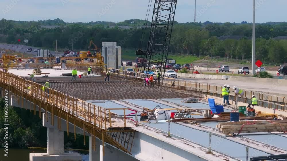 Men working at industrial construction roadworks with new bridge spans being built in Ellenton, Florida. Development of interstate transportation.