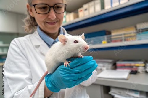 A scientist in glasses smiles as she holds a white laboratory mouse in blue gloves. The laboratory shelves in the background highlight a scientific research setting.