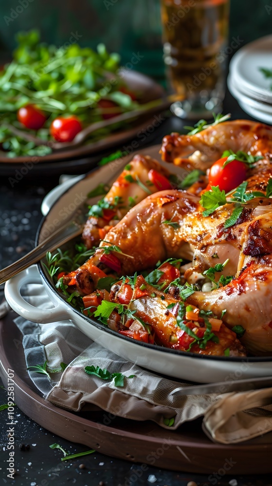 Succulent roasted chicken garnished with fresh herbs and vegetables. Succulent roasted chicken garnished with fresh herbs and vegetables.