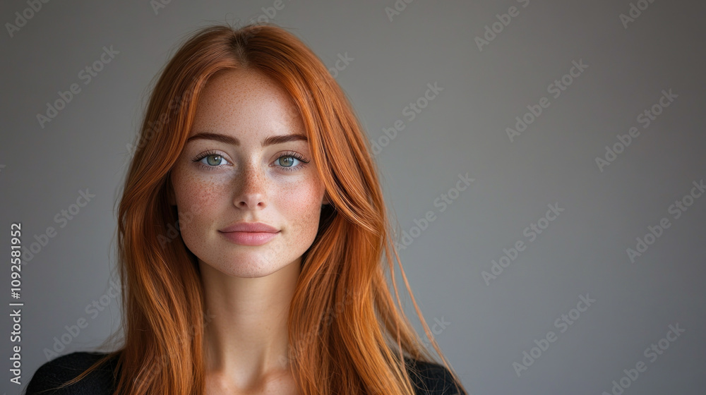 Red hair cascades down her shoulders as she gazes directly into the camera, a portrait of quiet confidence against a muted grey backdrop Red hair cascades down her shoulders as she gazes directly into the camera, a portrait of quiet confidence against a muted grey backdrop