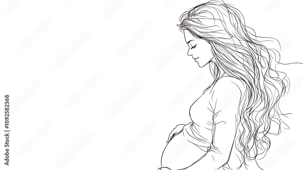 A One-line drawing style, no details, side view of a beautiful pregnant woman with long hair., isolated on Transparent PNG format Background. Generative AI A One-line drawing style, no details, side view of a beautiful pregnant woman with long hair., isolated on Transparent PNG format Background. Generative AI
