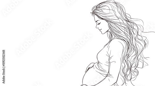  A One-line drawing style, no details, side view of a beautiful pregnant woman with long hair., isolated on Transparent  PNG format Background. Generative AI