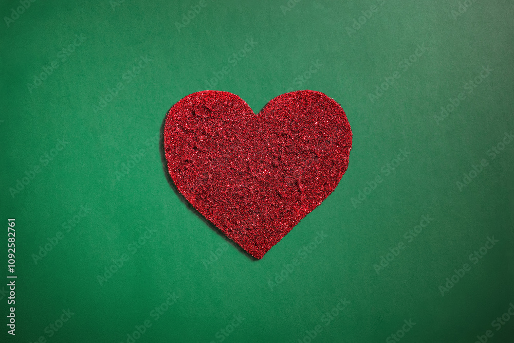 Obraz premium Red sparkle glitter heart on green background. Christmas and Valentines holiday