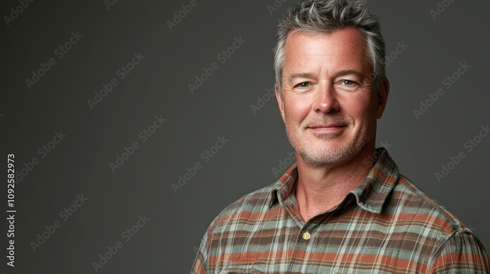 Obraz premium A smiling man in a plaid shirt poses against a neutral background.