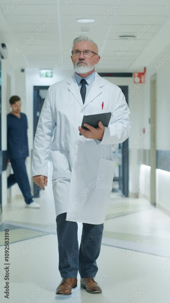 Vertical Screen: Portrait of a Senior General Practitioner Using Tablet Computer to as He is Walking and Browsing Patient's Medical History. Hospital personnel Walking Through a Modern Clinic Corridor Vertical Screen: Portrait of a Senior General Practitioner Using Tablet Computer to as He is Walking and Browsing Patient's Medical History. Hospital personnel Walking Through a Modern Clinic Corridor