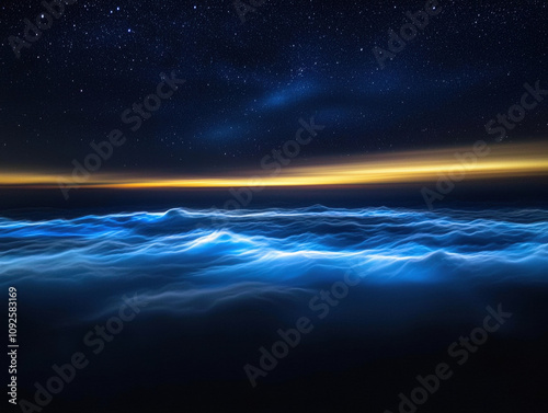 Ethereal noctilucent clouds glowing with blue and white hues stretch over a golden horizon under a star-filled sky.