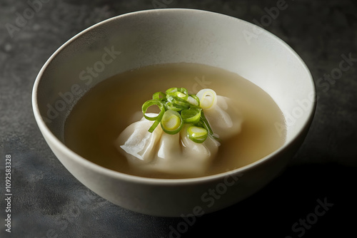 Wonton soup garnished with fresh green onions in a minimalist bowl. high quality image