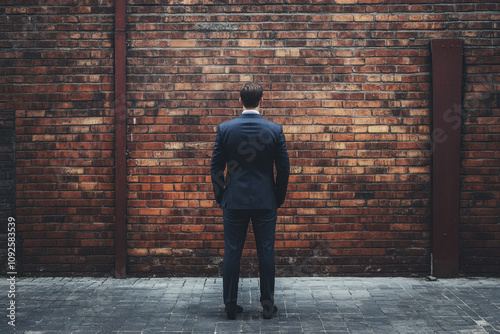 Man in dark suit standing facing weathered brick wall, concept of insurmountable obstacle, search for solution, way to overcome difficulties photo