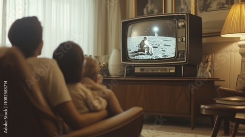 A family watches a retro television screen, displaying the first moon landing.