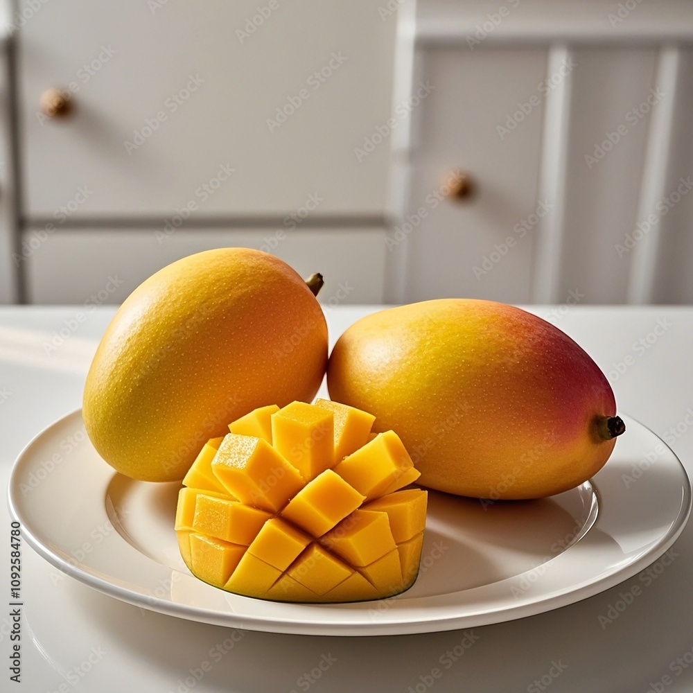 A ripe mango that has just been peeled and sliced into squares is placed on a white plate ready to be served and eaten. A ripe mango that has just been peeled and sliced into squares is placed on a white plate ready to be served and eaten.