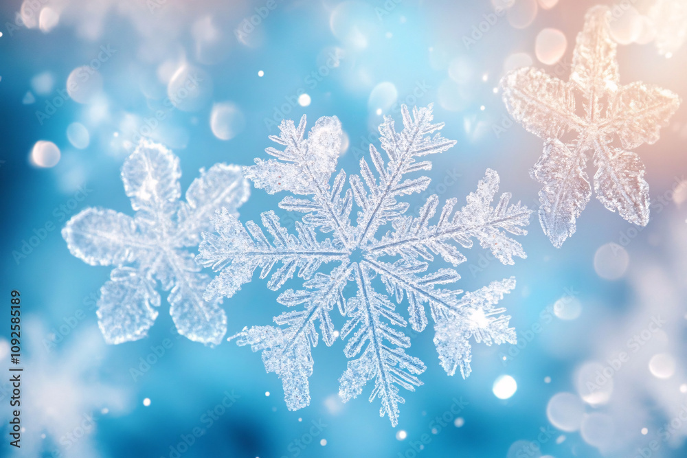 Close-up of intricate snowflakes over an icy blue background, perfect for winter-themed design, holiday greetings, or serene decor showcasing winter beauty.