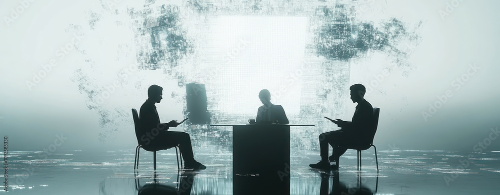 Silhouetted figures in a meeting, surrounded by a digital, abstract background. Silhouetted figures in a meeting, surrounded by a digital, abstract background.