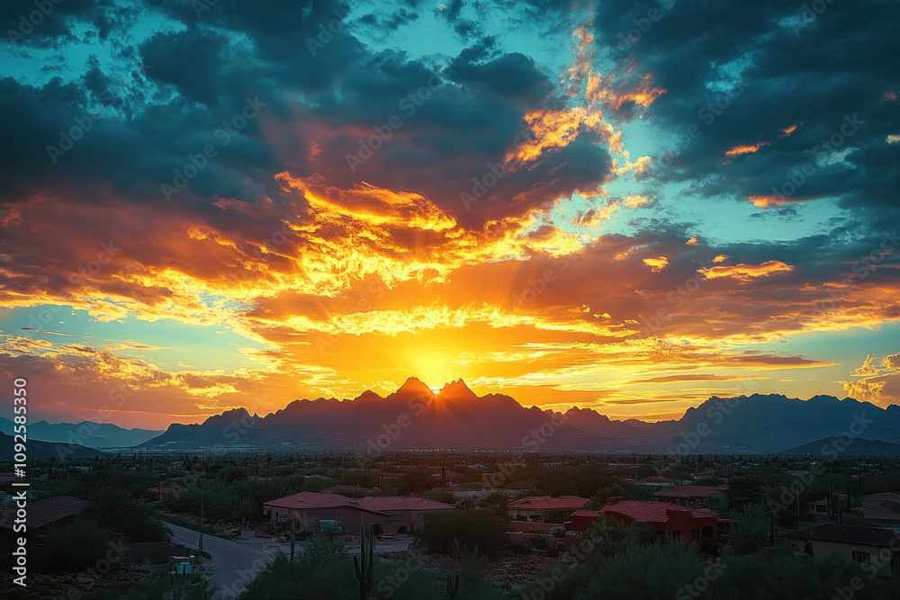 Fiery sunset paints the mountains in shades of gold and teal, casting a magical glow over the desert landscape at twilight Fiery sunset paints the mountains in shades of gold and teal, casting a magical glow over the desert landscape at twilight