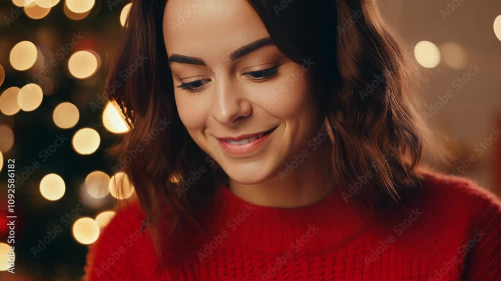 Smiling woman holding a red smartphone in front of a Christmas tree with glowing lights Smiling woman holding a red smartphone in front of a Christmas tree with glowing lights