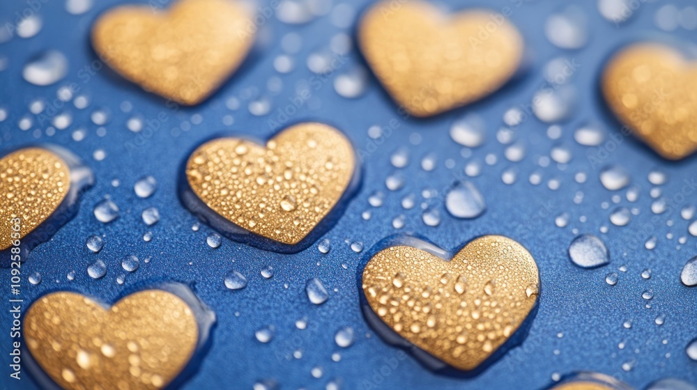 A blue surface adorned with golden hearts and water droplets, symbolizing love and affection. A blue surface adorned with golden hearts and water droplets, symbolizing love and affection.