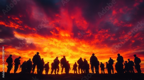 Silhouetted soldiers against a dramatic sunset backdrop, symbolizing unity and resilience.