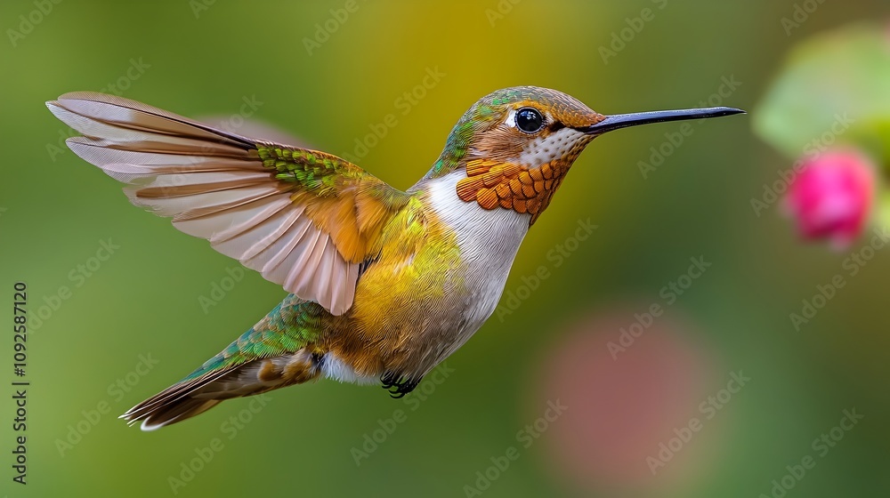 Fototapeta premium Captivating image of a delicate hummingbird poised in mid-flight against a clean white background,showcasing its vibrant colors,intricate feather details,and graceful movements.