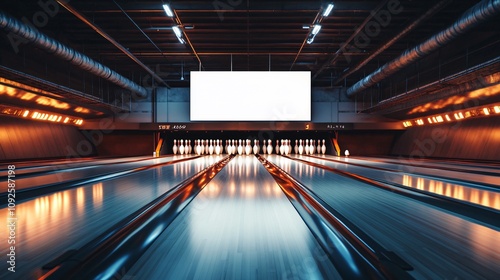 3D Mockup Captivating Bowler's Perspective Inside a Modern Bowling Alley with Polished Lanes, Illuminated Pins, and Dynamic Lighting Effects Evoking Excitement and Competition