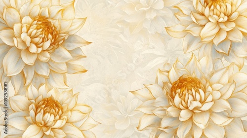 A beautiful and sophisticated background filled with golden dahlias and chrysanthemums, hand-drawn with delicate precision.