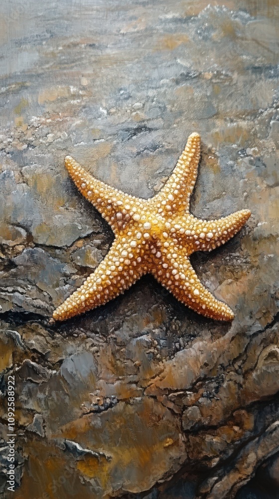 A vibrant starfish resting on a rocky surface, showcasing unique textures and colors found in marine environments. A vibrant starfish resting on a rocky surface, showcasing unique textures and colors found in marine environments.