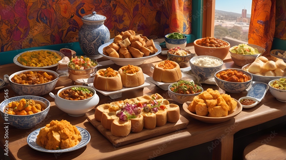 Festive food display, bunny chow, vibrant atmosphere, assortment of traditional dishes on colorful table Festive food display, bunny chow, vibrant atmosphere, assortment of traditional dishes on colorful table