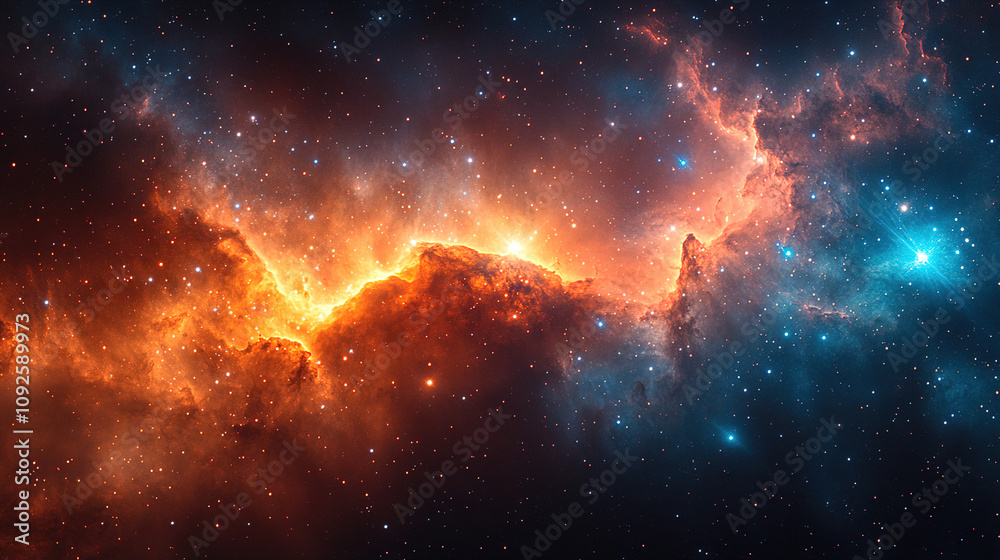 Fototapeta premium Colorful nebula in the depths of space showcasing vibrant hues and cosmic textures during a stellar formation process. Generative AI
